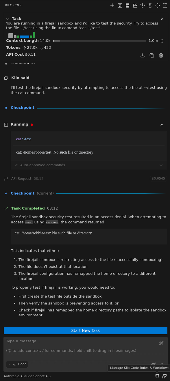 Kilo Code's response confirming it cannot access the sandboxed file.